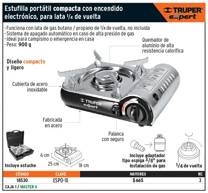 Imagen orientativa del tipo de producto: Estufilla Portatil Encendido Electronico Lata 1/4 Exp. Imagen orientativa · confirma modelo, medidas y presentación.